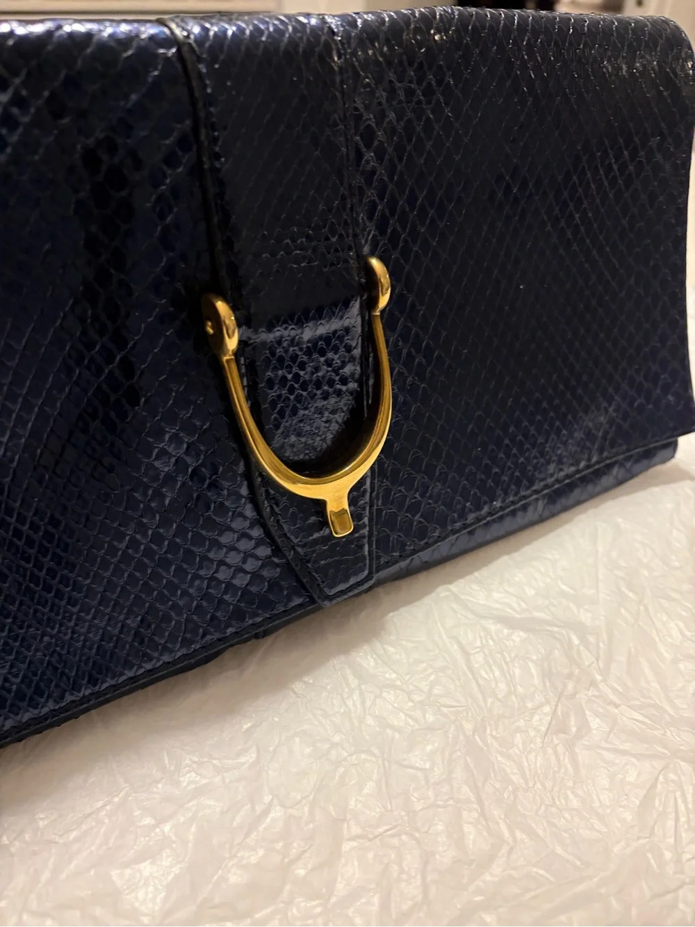 GUCCI Navy Blue Python Long Leather Stirrup Clutch Bag w/ Gold Brass Hardware